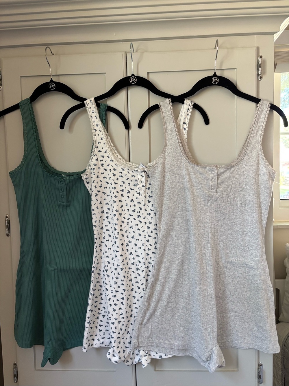 Old Navy Tank Romper Set in Green, White Floral, and Light Gray